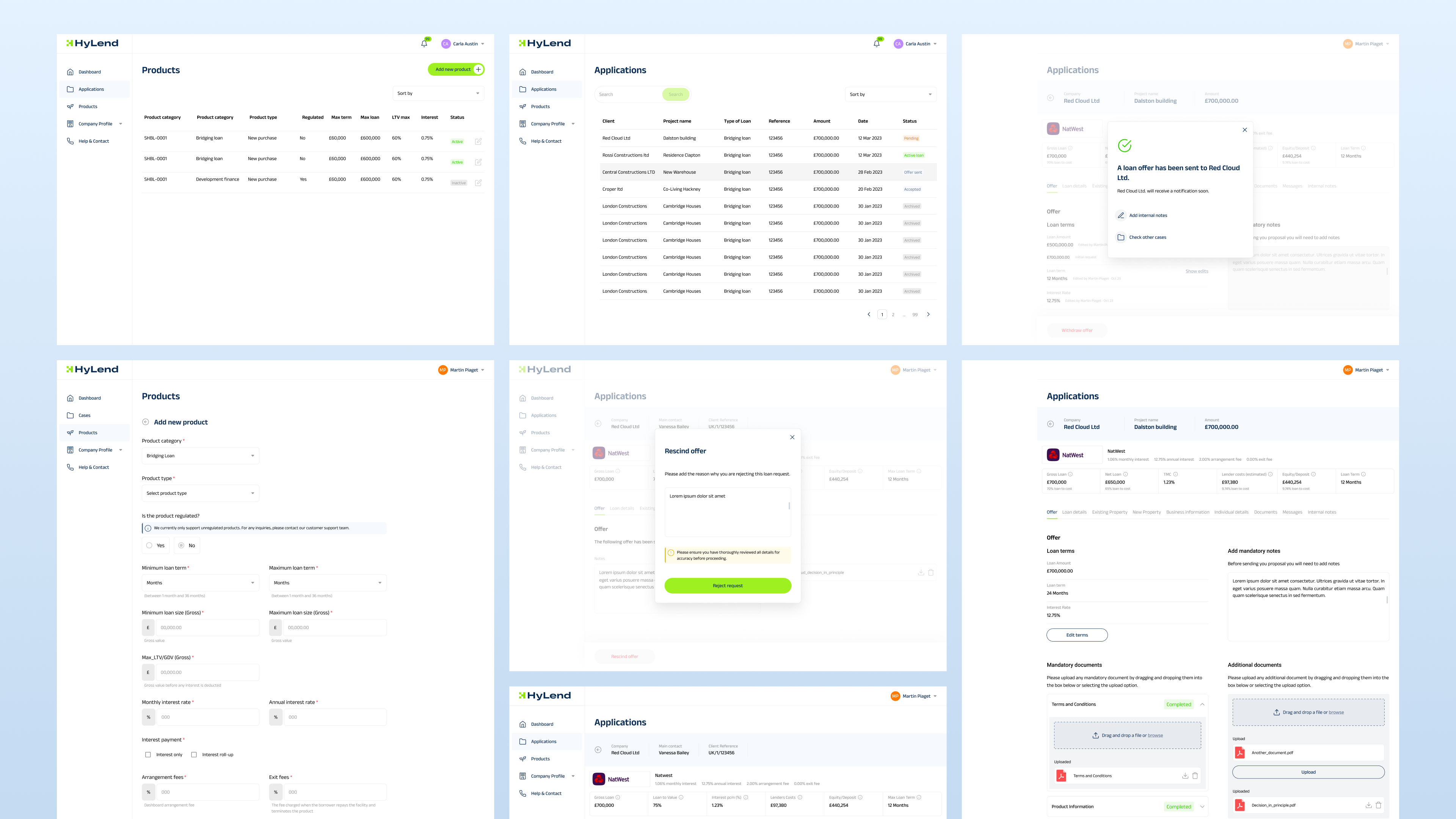 Lender platform UI